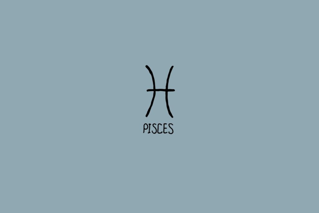 Ilustração do signo de peixes em preto em um fundo cinza com o nome do signo embaixo