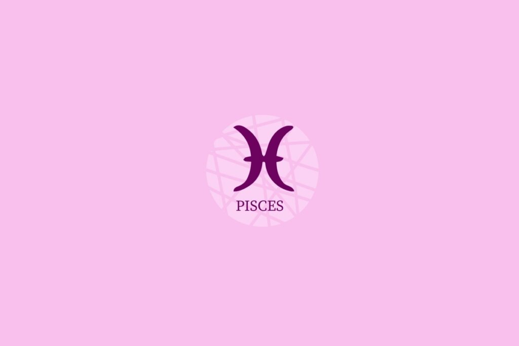 Ilustração do signo de Peixes (duas linhas curvas verticais traçadas por uma linha reta horizontal) em um fundo roxo-claro