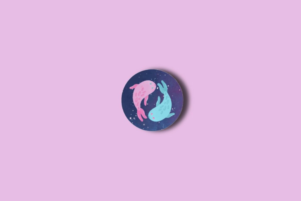 Ilustração do signo de peixes em um círculo azul com estrelas e sobre um fundo rosa