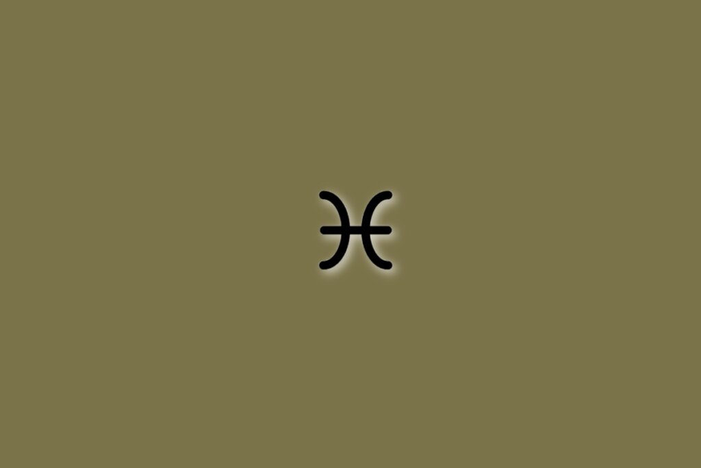 Símbolo do signo de peixes em preto sobre fundo verde-oliva