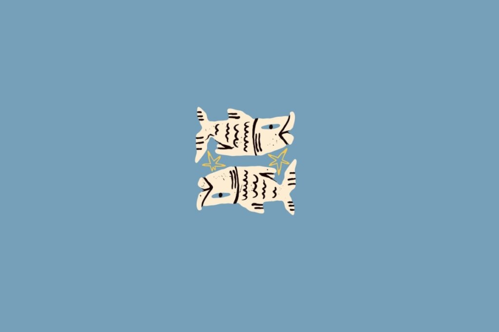 Ilustração de dois peixes em amarelo-claro sobre um fundo azul