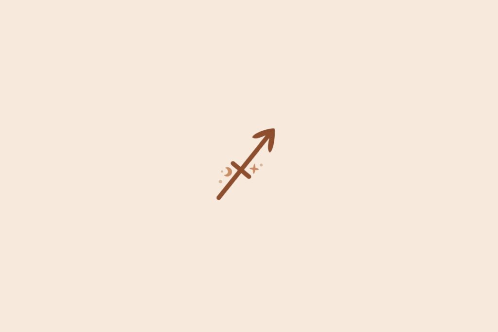 Imagem minimalista com fundo bege claro e um símbolo marrom de Sagitário no centro, acompanhado de pequenos detalhes místicos acima do desenho