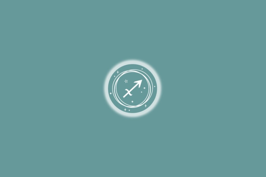 Ilustração do signo de sagitário, em um círculo branco com estrelas, sobre um fundo verde