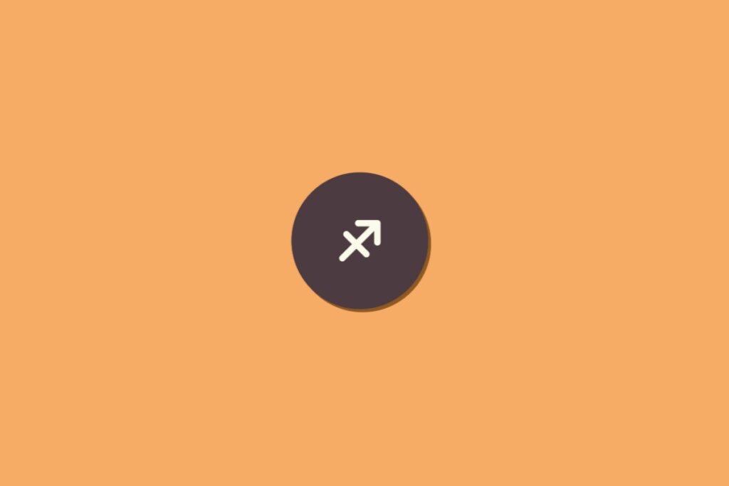 Ilustração do signo de sagitário na cor branca, dentro de um círculo marrom, centralizado sobre um fundo laranja