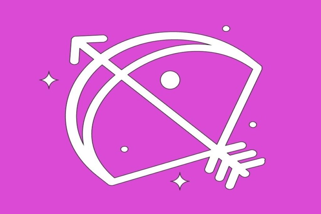 Um arco com flecha tensionada, apontando para cima. O desenho é simples e simétrico, sendo branco em fundo rosa