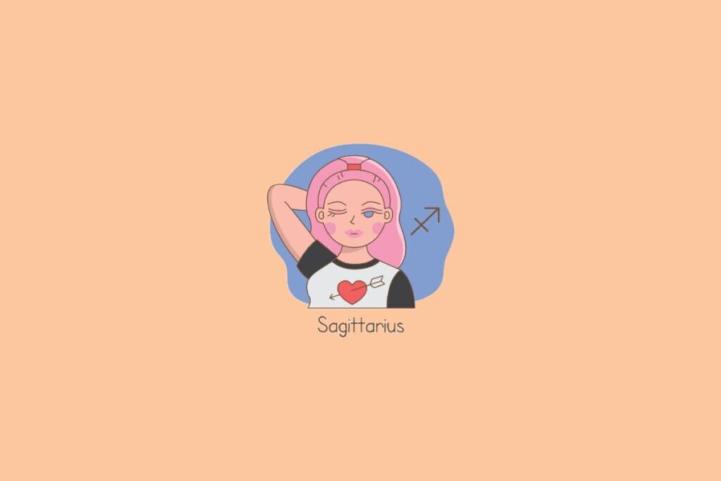 Ilustração de uma mulher ao lado do símbolo do signo de sagitário