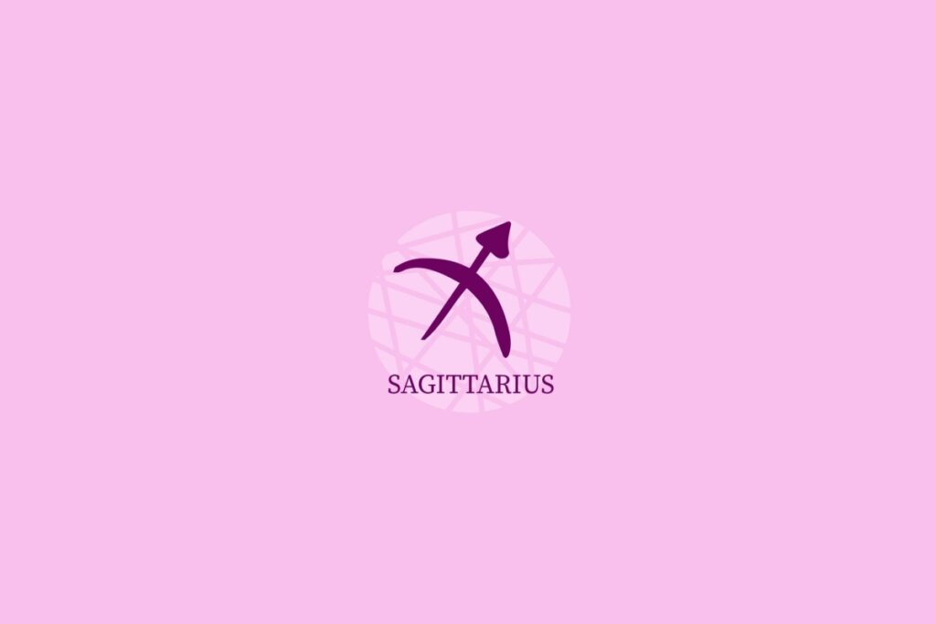 Ilustração do signo de Sagitário (arco e flecha) em um fundo roxo-claro