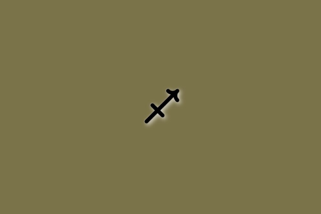 Símbolo do signo de sagitário em preto sobre fundo verde-oliva