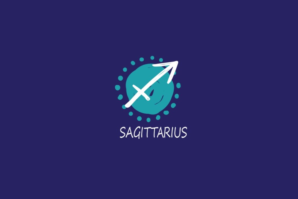Ilustração do signo de sagitário, na cor branca, sobre uma mancha verde, em um fundo azul-escuro