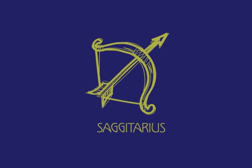 ilustração amarela da cabeça de um arco e flecha e nome "saggitarius" embaixo sobre fundo azul