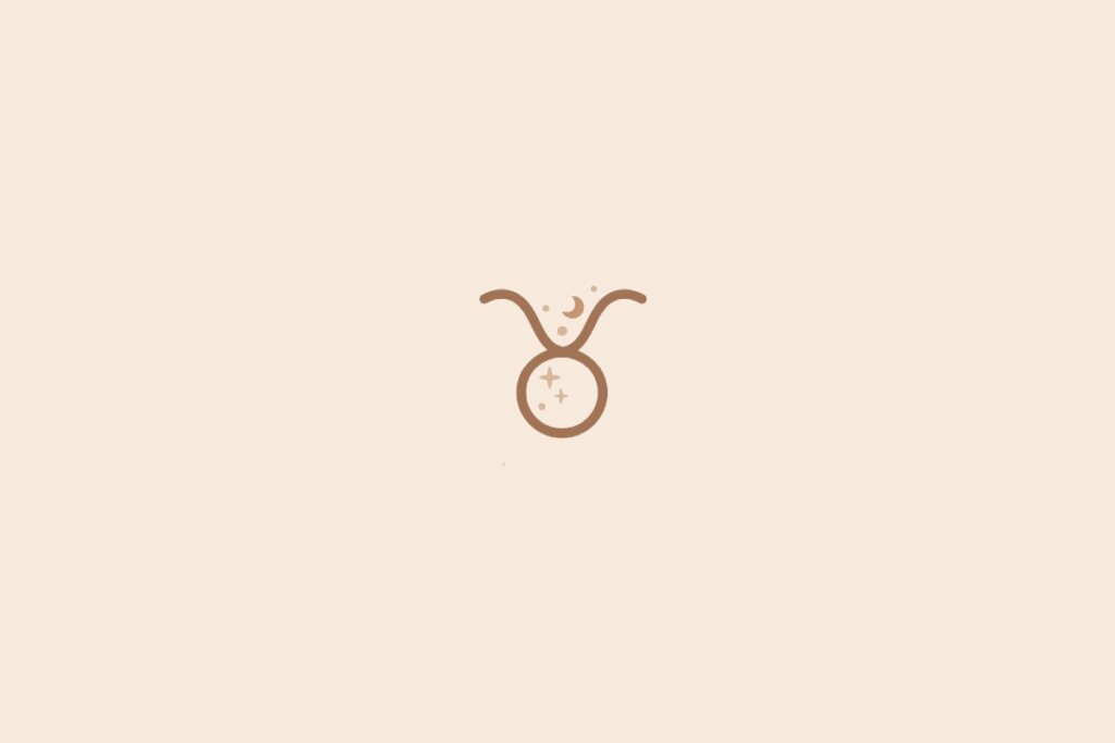 Imagem minimalista com fundo bege claro e um símbolo marrom de Touro no centro, acompanhado de pequenos detalhes místicos acima do desenho