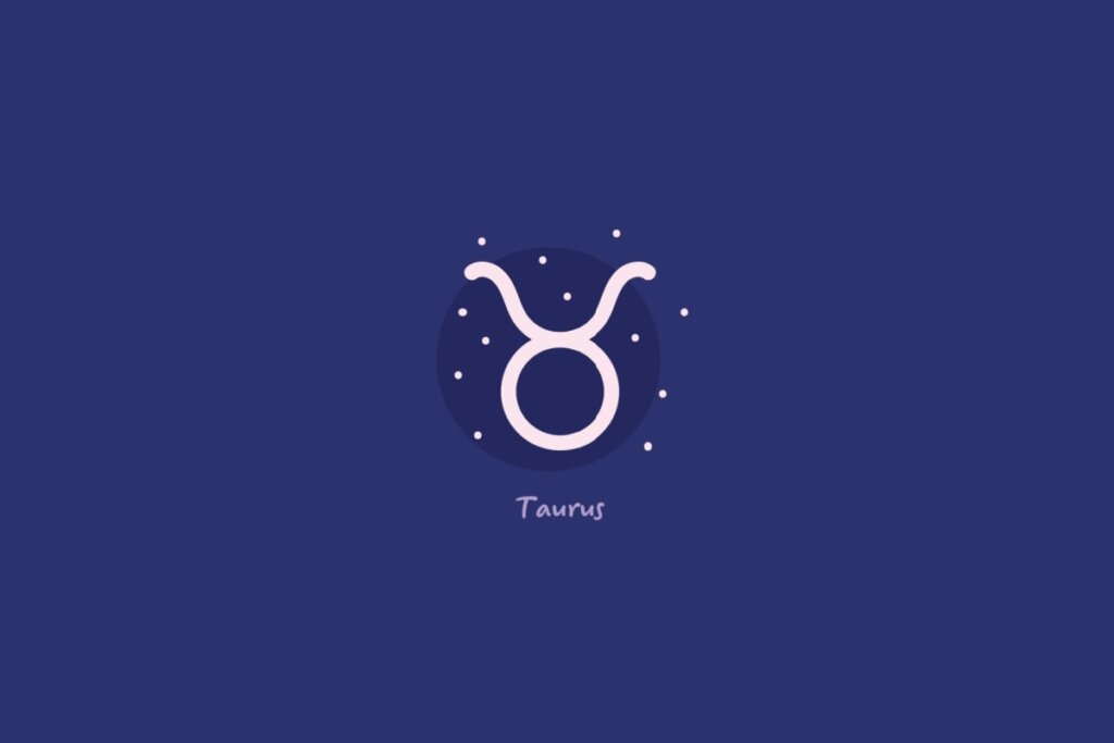 Ilustração do signo de touro em um círculo azul-escuro, rodeado por estrelas, com o nome do signo abaixo, sobre fundo azul.