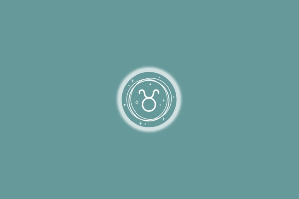 Ilustração do signo de touro, em um círculo branco com estrelas, sobre um fundo verde
