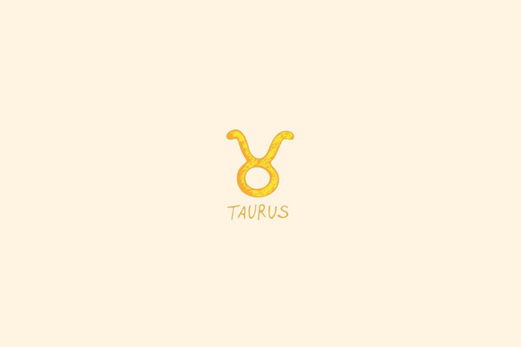 símbolo do signo de Touro em dourado sobre fundo bege claro, com o nome “TAURUS” abaixo