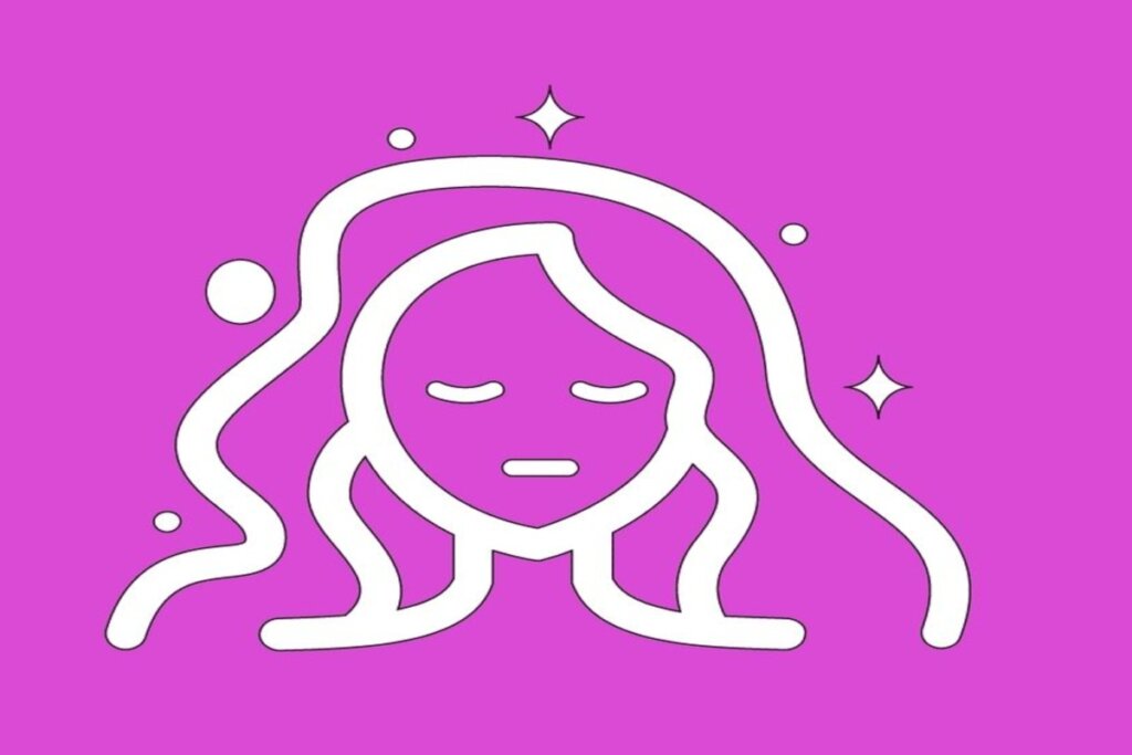 Rosto feminino com olhos fechados e cabelo longo. O desenho é simples e simétrico, sendo branco em fundo rosa