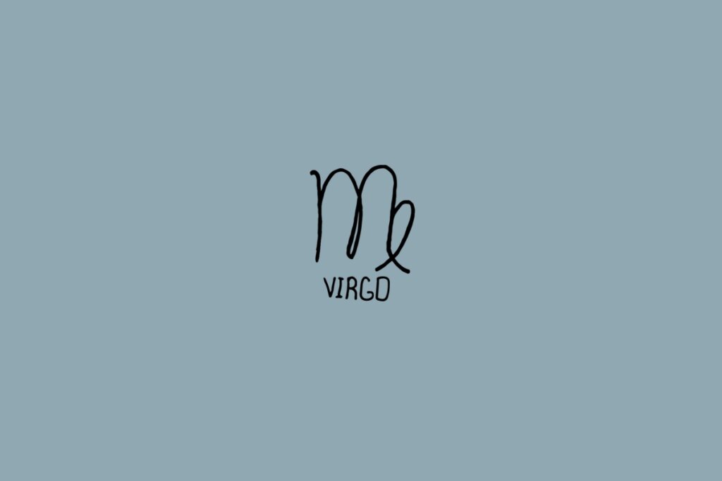 Ilustração do signo de virgem em preto em um fundo cinza com o nome do signo embaixo