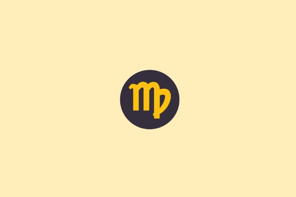 Um símbolo do signo de Virgem em amarelo, dentro de um círculo escuro, sobre um fundo claro bege