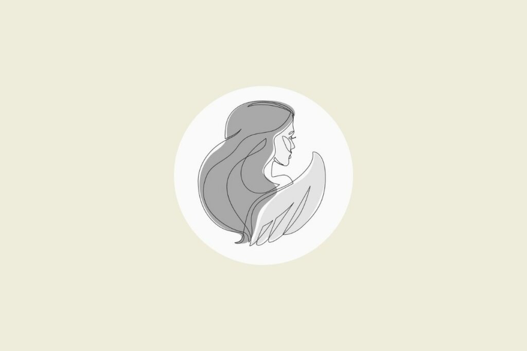 Ilustração do signo de virgem em preto e branco, dentro de um círculo, sobre um fundo bege-claro