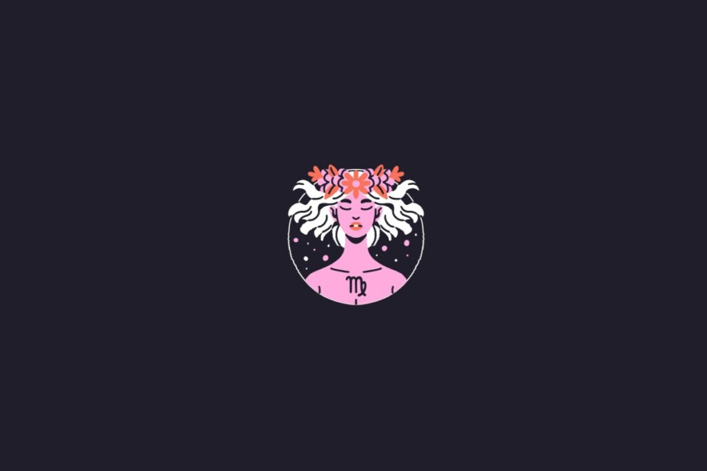 Ilustração do signo de virgem centralizado em um fundo roxo-escuro