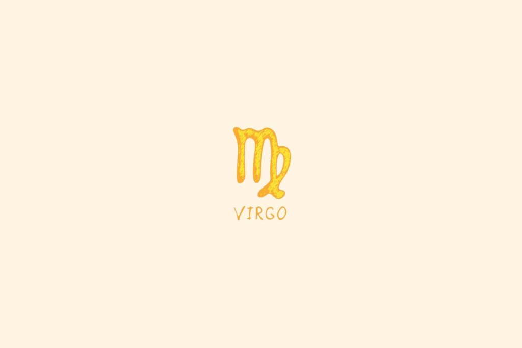 símbolo do signo de Virgem em dourado sobre fundo bege claro, com o nome “VIRGO” abaixo