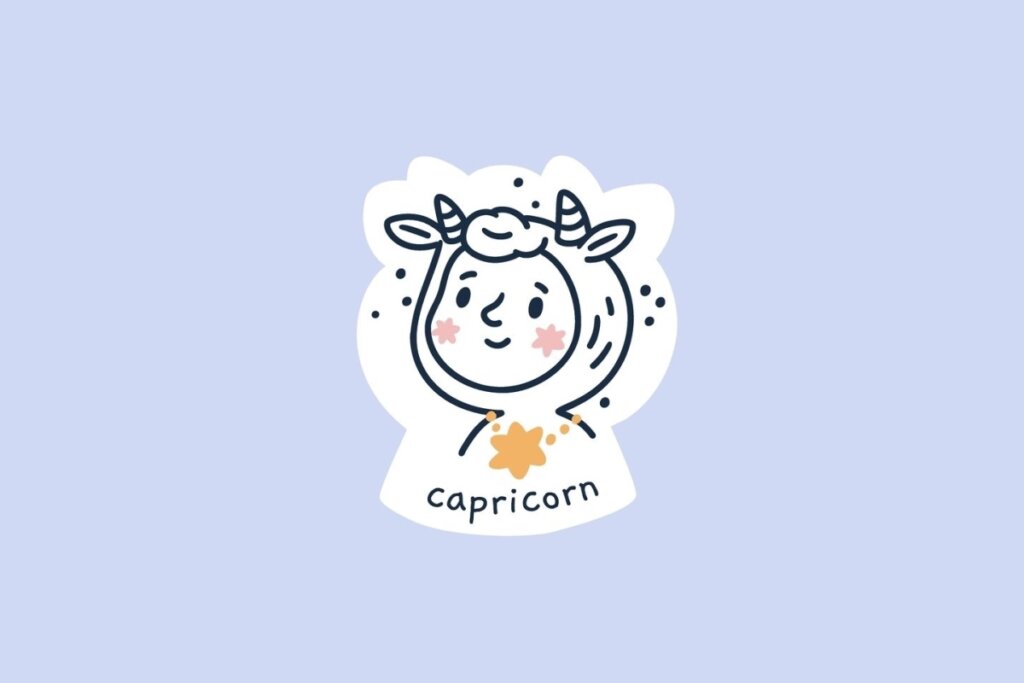 Ilustração do signo de Capricórnio, contendo uma criança de cabelos claros usando capuz branco com chifres curvados e estrela alaranjada no peito, em fundo azul-claro