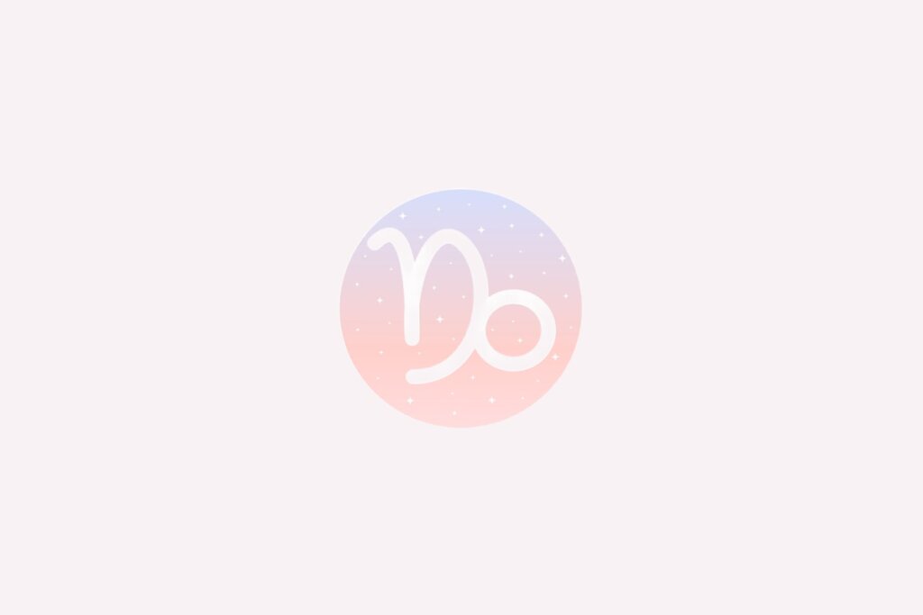 Ilustração do signo de Capricórnio com traço curvo branco e gancho na extremidade, em fundo rosado com estrelas