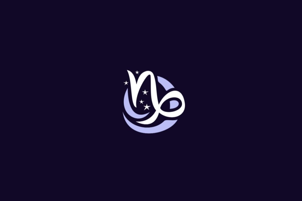 Ilustração do signo de Capricórnio, com símbolo curvado em forma de “n” que se transforma em uma espiral no final, cercado por quatro estrelas, em fundo roxo-escuro