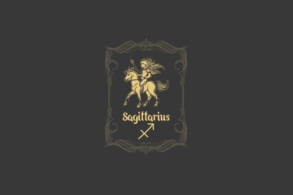 Ilustração do signo de Sagitário com um centauro arqueiro dourado, posicionado dentro de uma moldura ornamentada sobre fundo escuro