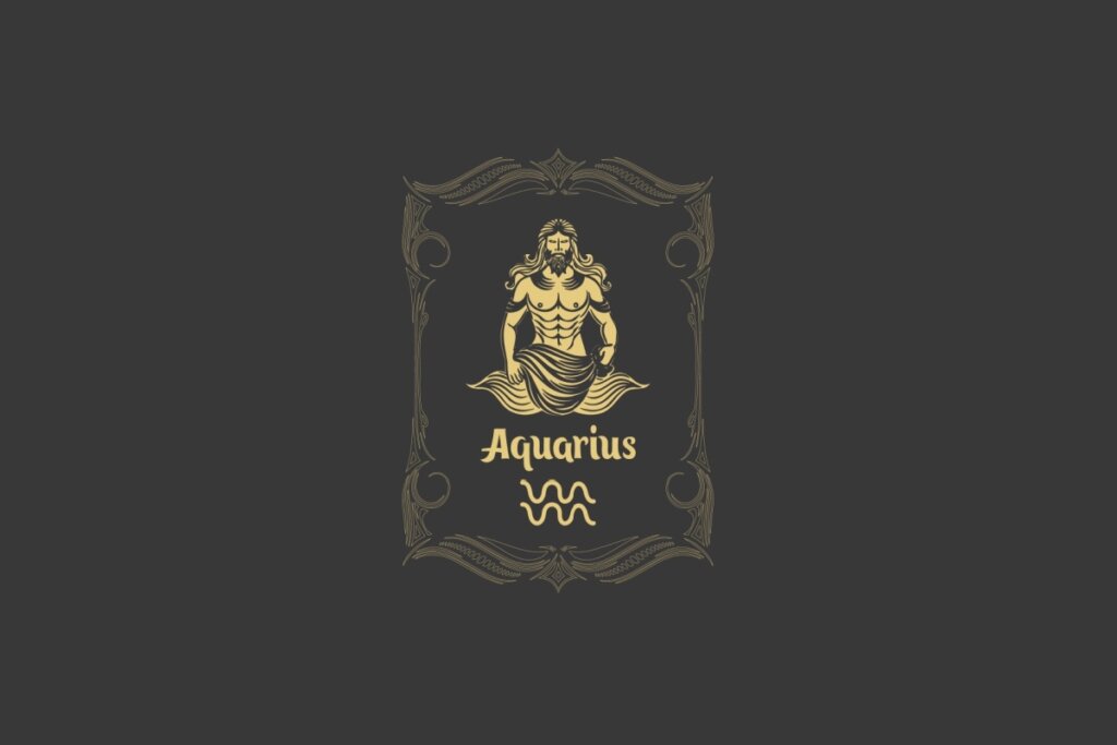 Ilustração do signo de Aquário com a imagem de um homem dourado despejando água, cercado por uma moldura clássica em fundo escuro