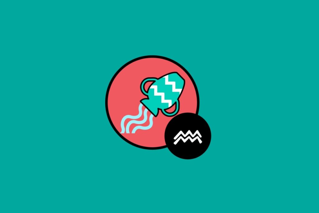 Ilustração do signo de Aquário, em fundo verde-azulado, contendo um jarro turquesa com ondas vertendo água sobre um disco vermelho com o símbolo astrológico em círculo preto