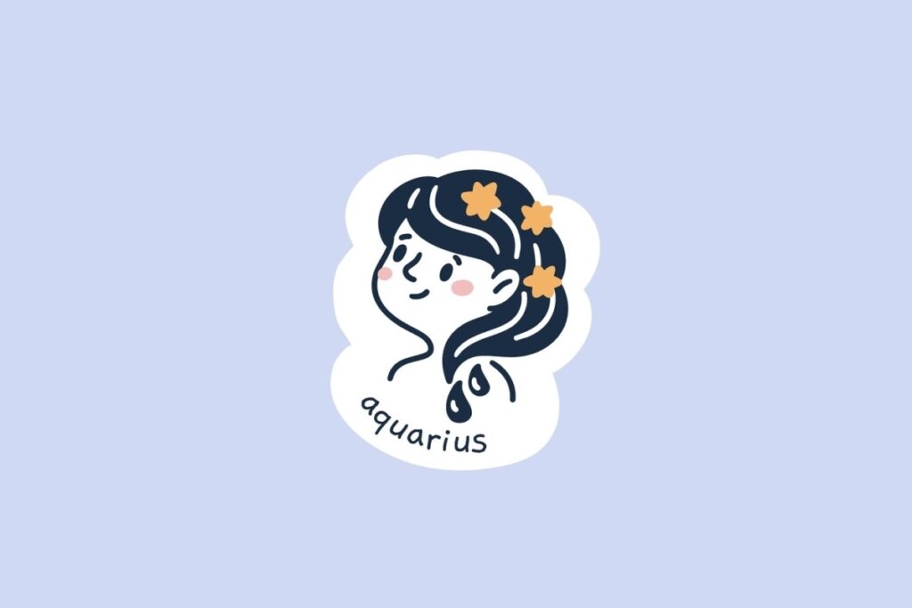 Ilustração do signo de Aquário, contendo uma criança de cabelos longos decorados com estrelas alaranjadas e pequenas gotas simbolizando água fluindo, em fundo azul-claro
