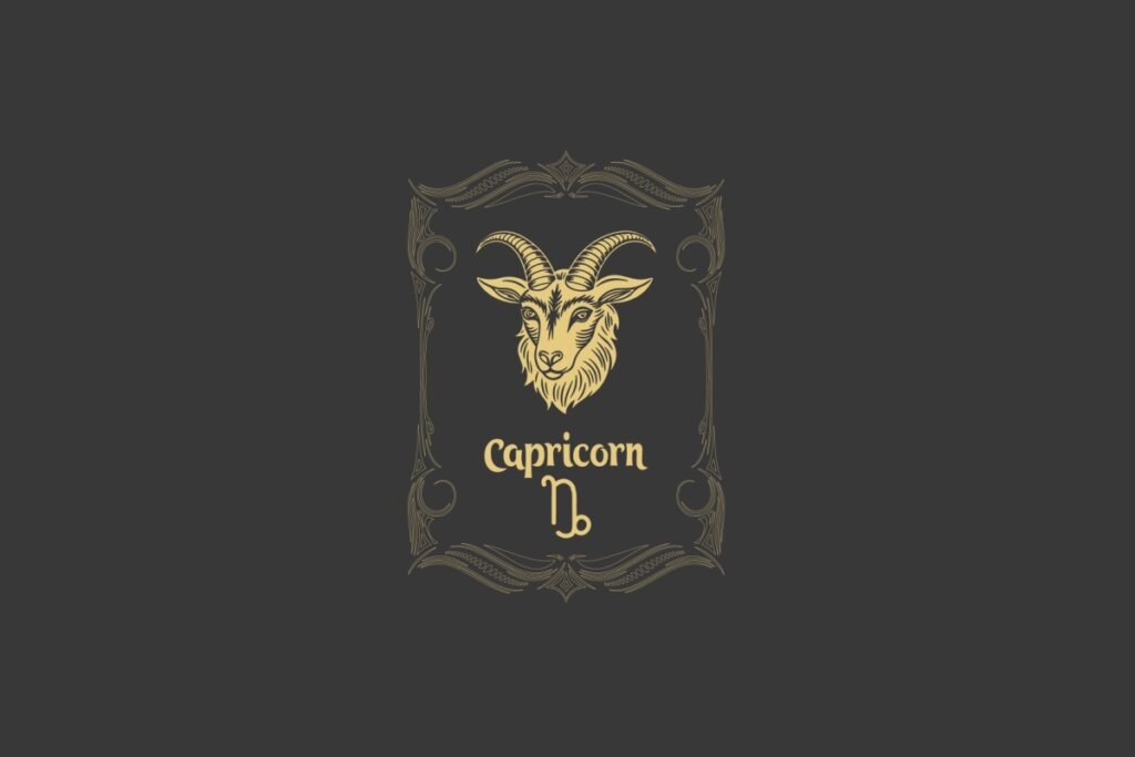Ilustração do signo de Capricórnio com a cabeça de uma cabra dourada estilizada, cercada por uma moldura detalhada em fundo escuro