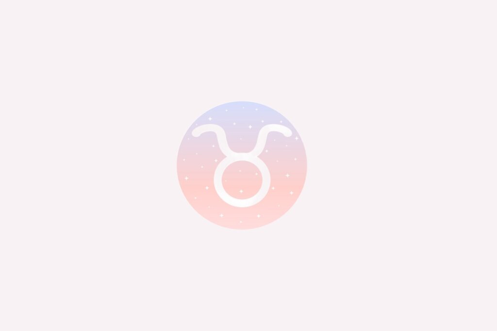 Ilustração do signo de Touro com círculo branco com dois chifres curvos em fundo rosa e azul com estrelas