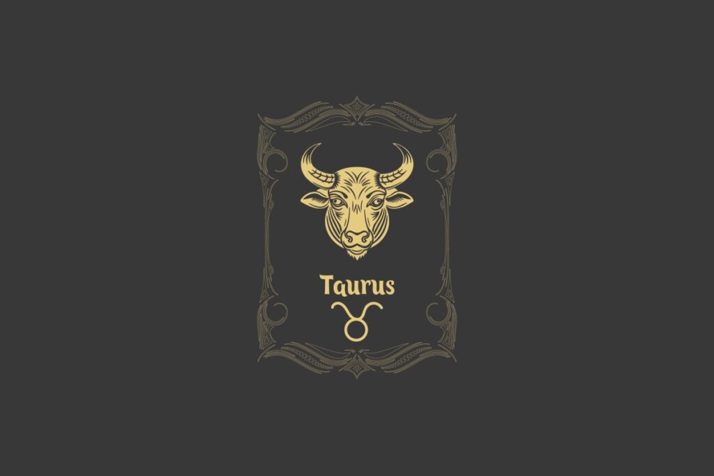 Ilustração do signo de Touro com a representação de um touro dourado, cercado por uma moldura decorativa em fundo escuro