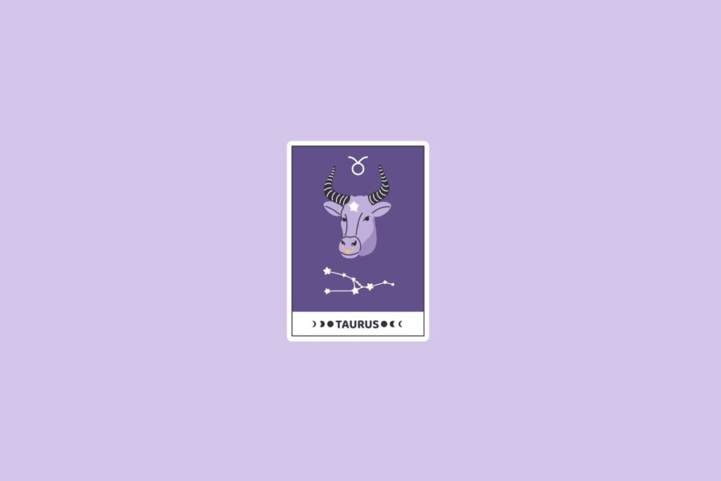 Ilustração do signo de Touro com a cabeça de um touro roxo, a constelação de Touro e o símbolo do signo no topo