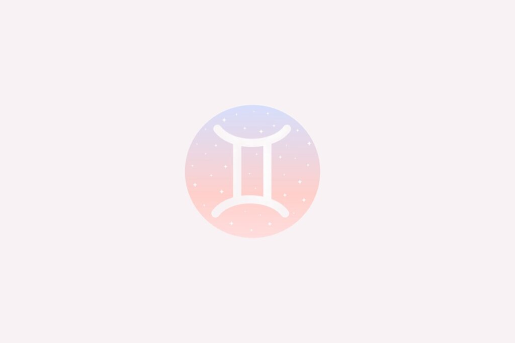 Ilustração do signo de Gêmeos com duas linhas verticais unidas por traços horizontais brancos em fundo rosa e azul com estrelas