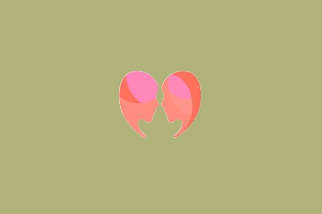 Ilustração de dois rostos femininos em tons de rosa e laranja, posicionados frente a frente, sobre fundo verde-oliva