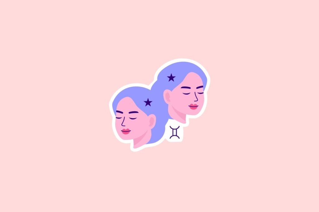 Ilustração de dois rostos femininos lilás com olhos fechados e o símbolo de Gêmeos entre eles, sobre fundo rosa-claro