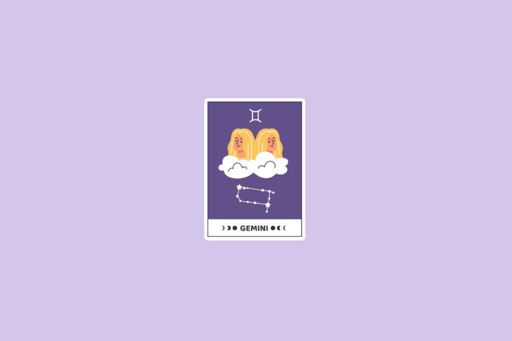 Ilustração do signo de Gêmeos com dois rostos femininos entre nuvens, a constelação de Gêmeos e o símbolo do signo no topo