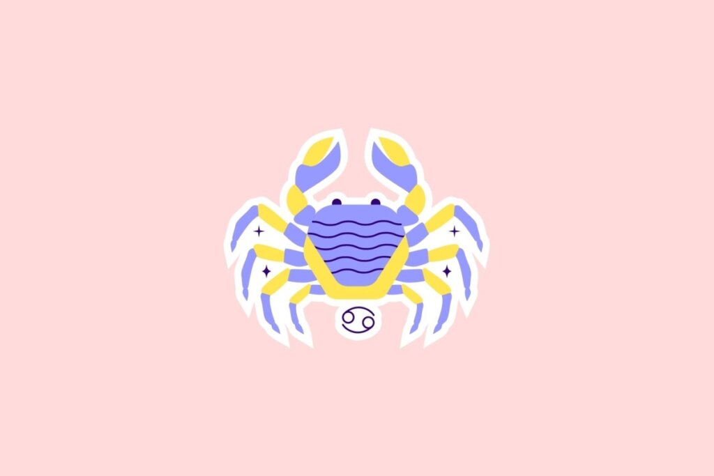 Ilustração de um caranguejo estilizado em amarelo, azul e lilás com o símbolo de Câncer abaixo, sobre fundo rosa-claro