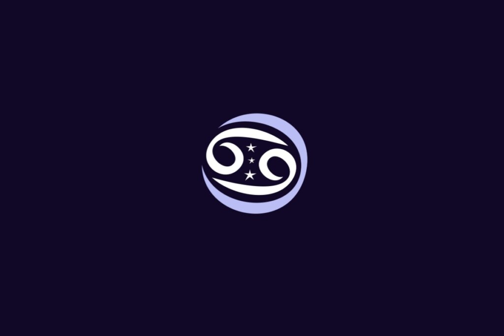 Ilustração do signo de Câncer, com dois semicírculos voltados em direções opostas lembrando garras de caranguejo, acompanhados por duas estrelas centrais, em fundo roxo-escuro