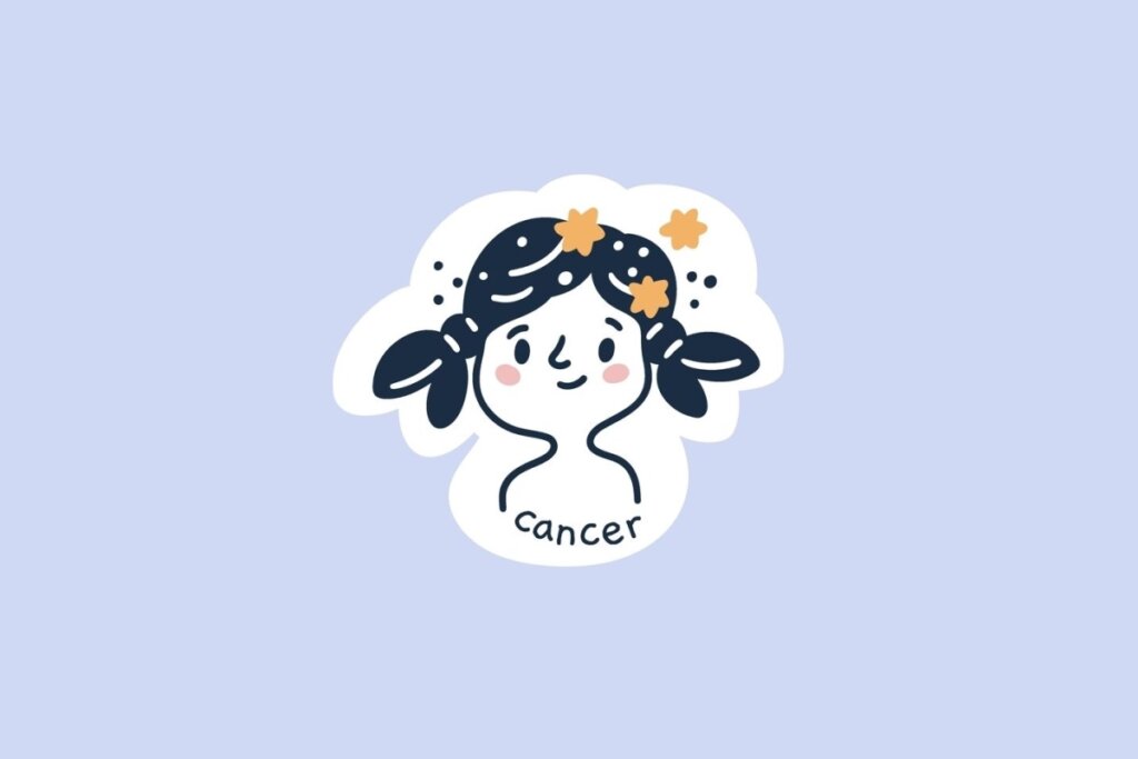 Ilustração do signo de Câncer, contendo uma criança de cabelos escuros presos em maria-chiquinhas e decorados com estrelas alaranjadas, em fundo azul-claro