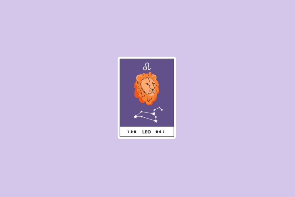 Ilustração do signo de Leão com a cabeça de um leão, a constelação de Leão e o símbolo do signo no topo