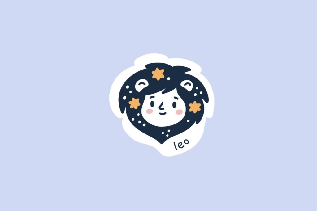 Ilustração do signo de Leão, contendo uma criança de rosto arredondado com vasta juba de cabelo escuro decorada por estrelas alaranjadas, em fundo azul-claro