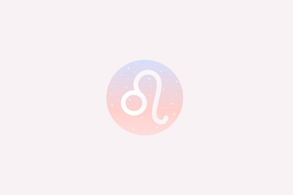 Ilustração do signo de Leão com traço branco curvo, em fundo em tons claros de rosa e azul com pontos brilhantes