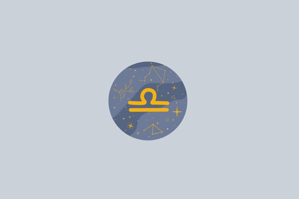 Ilustração do signo de Libra, contendo o símbolo dourado em forma de balança com duas barras horizontais, em fundo cinza-claro