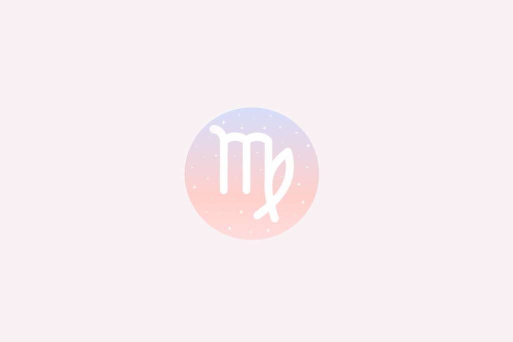 Ilustração do signo de Virgem com símbolo branco semelhante à letra “M” com traço final curvado, em fundo rosado com estrelas