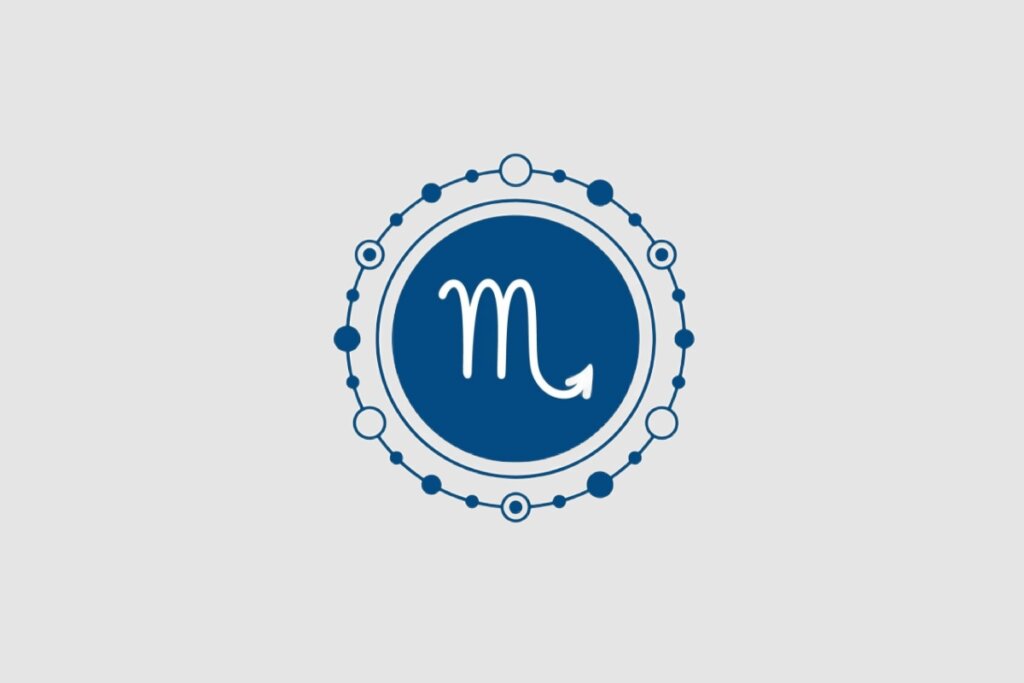 Ilustração do signo de Escorpião, com símbolo branco semelhante a um "M" com cauda de flecha, no centro de um círculo azul-escuro com detalhes arredondados ao redor