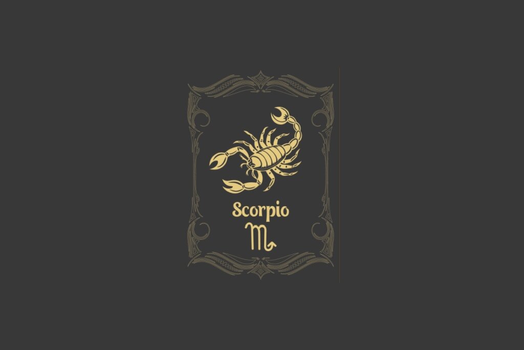 Ilustração do signo de Escorpião com a figura de um escorpião dourado, detalhado dentro de uma moldura clássica em fundo escuro