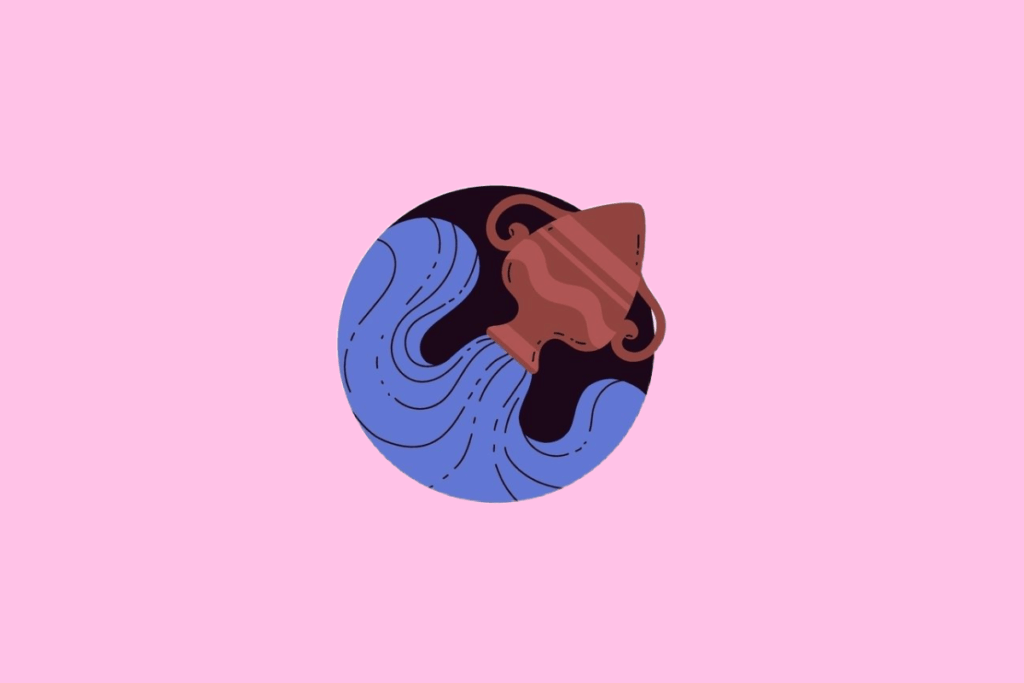 Ilustração de um vaso de barro inclinado, de cor marrom, do qual jorra água azul em movimento ondulado, em um fundo rosa-claro
